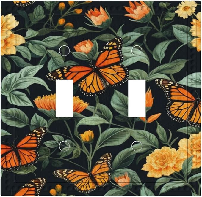Butterflies Flower Garden Light Switch Covers Double Toggle 2 Gang Wall Plate Dual Decorative Switchplate Electrical Faceplate for Farmhouse Decor