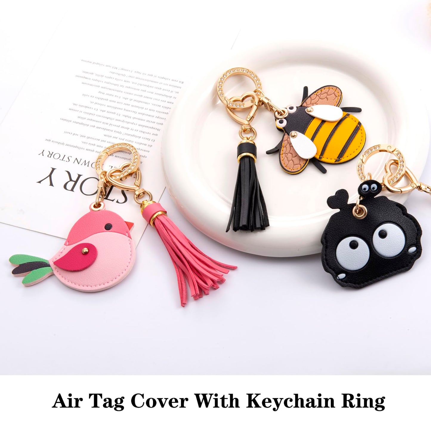 YOU WIZV Airtag Keychain Cute Bag Charms 2pc,Pink Leather Bird Purse Charms with Tassel Keychains, Couple Funny Car Key Chain Accessories