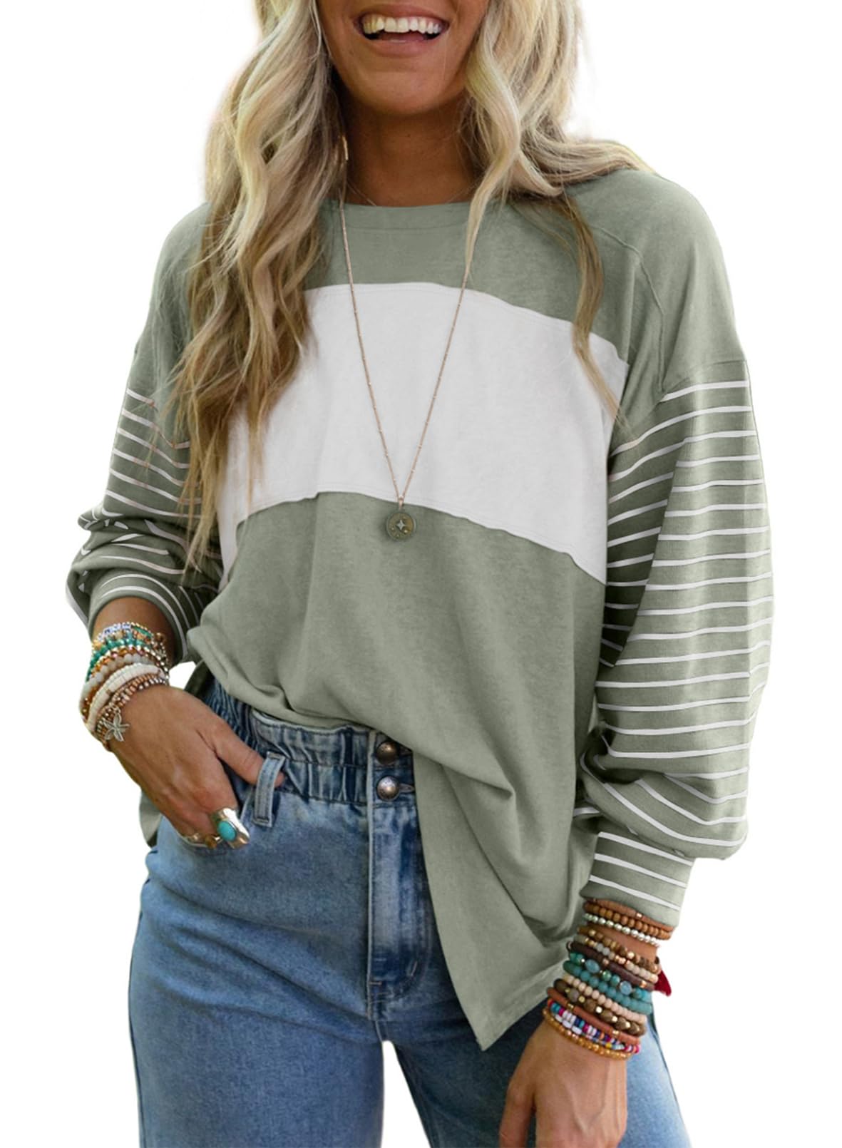 Dokotoo Long Sleeve Tops Oversized 2025 Trendy Round Crew Neck Casual Color Block Womens Shirts Blouses