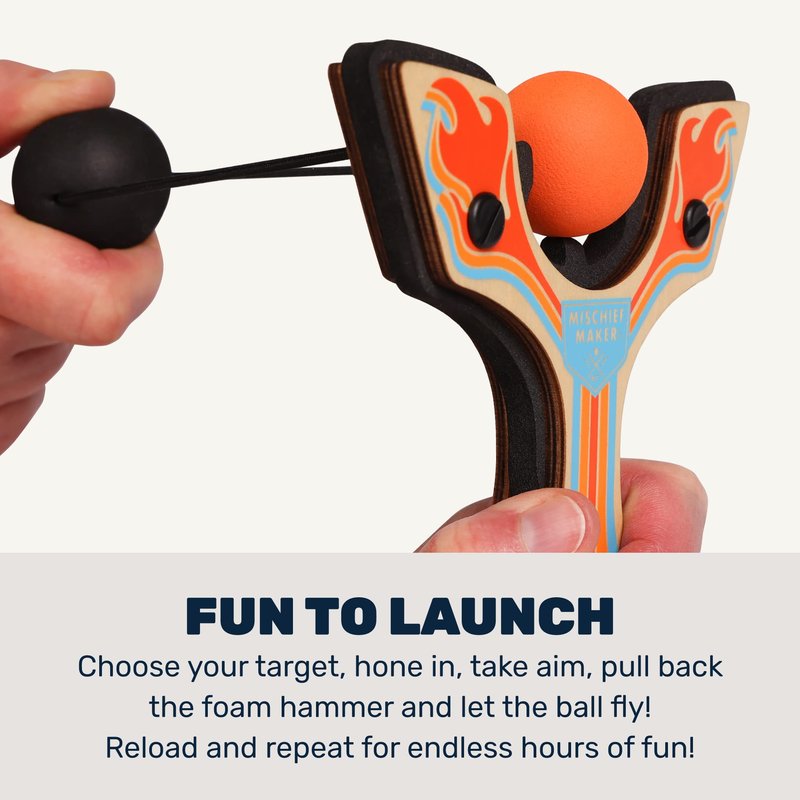 Mighty Fun! - Mischief Maker® Wooden Slingshot - Racing Series - Real Wood Slingshot for Kids, 4 Soft Foam Balls and Storage Bag - Ages 4+ (Orange)