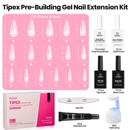 Beetles Tipex Instant Apex Nail Tips Kit, Coffin Long 224Pcs 16 Sizes Pre-Building & Pre-Etched Thicker Acrylic Nails False Nail Extension with Tipex Nail Glue Mini Nail Lamp