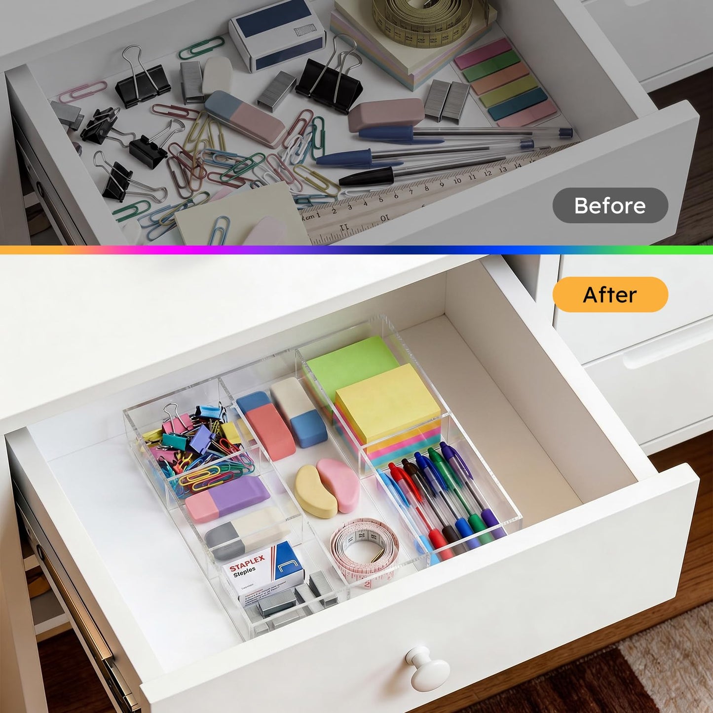HIIMIEI Acrylic Drawer Organizer, 6 Section Clear Makeup Tray Organizer for Drawer Office Bedroom(11.8x11.8 inch)