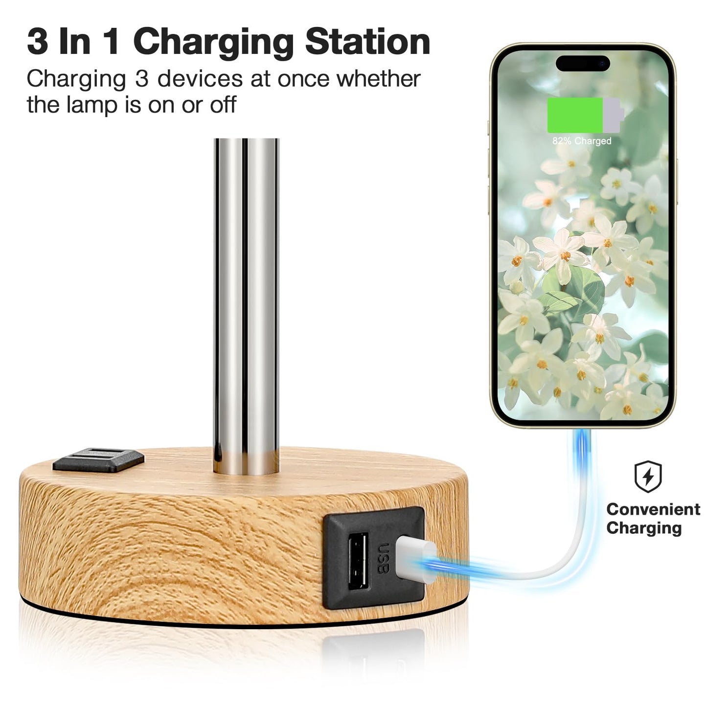 Fenmzee Floral Touch Lamp for Bedroom- 3 Way Dimmable Bedside Lamp USB C A Charging Ports and AC Outlet, Small Table Lamp Floral Linen Lampshade for Gift, LED Bulb Included