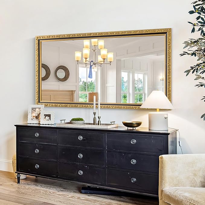 Large Antique Wall Decorative Mirror, 46'' x 22'' Black Gold Retro Wall Decor Mirror, Rectangular Vintage Gold Mirrors for Bathroom, Entryway, Dining Room, Fireplace