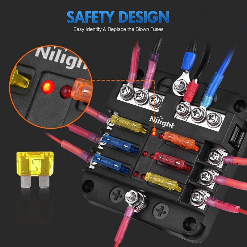 Nilight - 50055F 6 Way Blade Screw Fuse Block 6 Circuits with Negative Bus Fuse Box Holder with LED Indicator ATO/ATC Fuse Panel Waterproof Cover for 12V Automotive Cars Marine Boats RVs Trailers