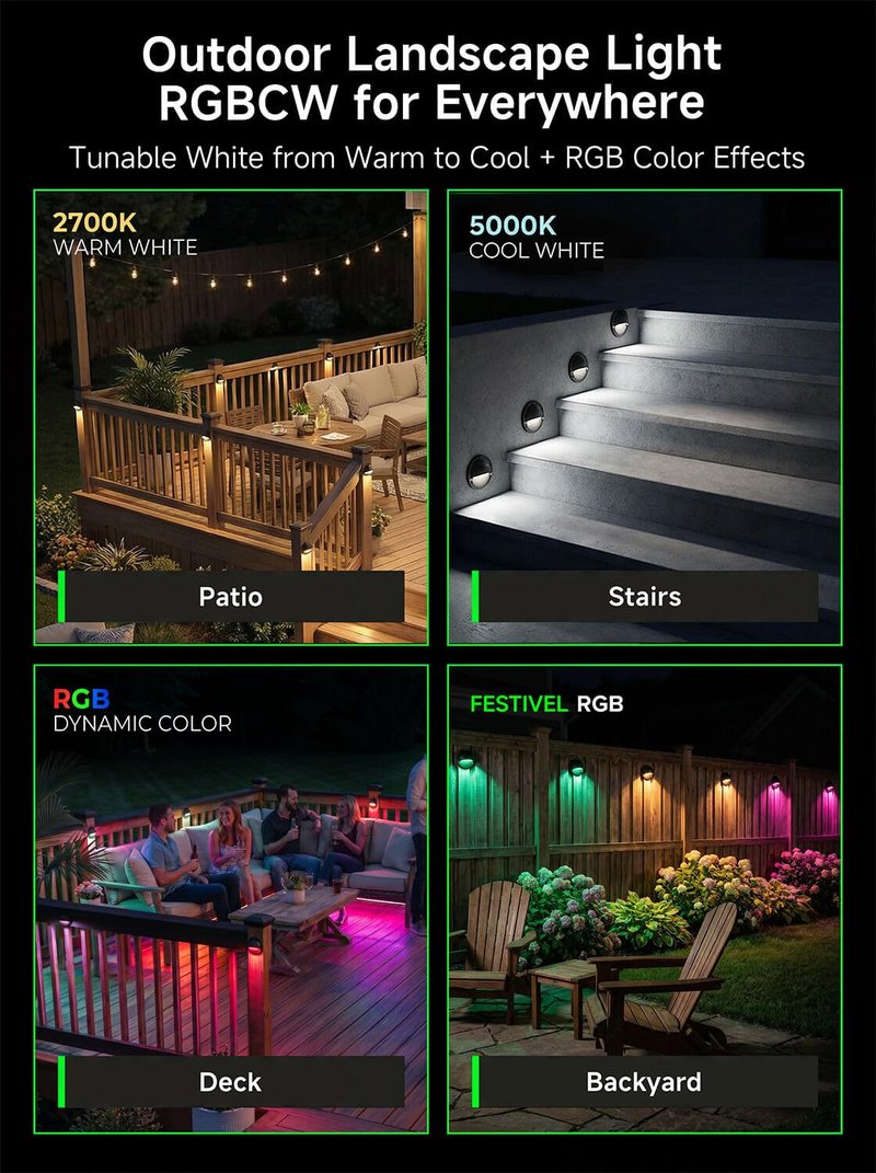 Varmtalys Low Voltage RGBCW Black Deck Light, 12V Bluetooth Mesh Smart Outdoor Landscape Lighting with App & Remote Control, Replaceable G4 Bulb, IP65 Waterproof Aluminum for Step Stair Fence, 1 Pack