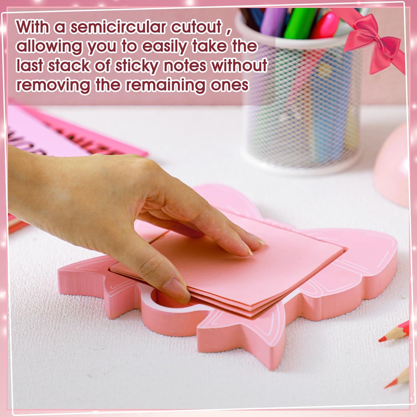 BrightRow Pink Bow Sticky Note Holder Large Wood Notepad Dispenser 3 x 3 Sticky Notes Organizer Cute Self Stick Memo Pad Holder for Desk Office Back to School Gift, No Pads Included