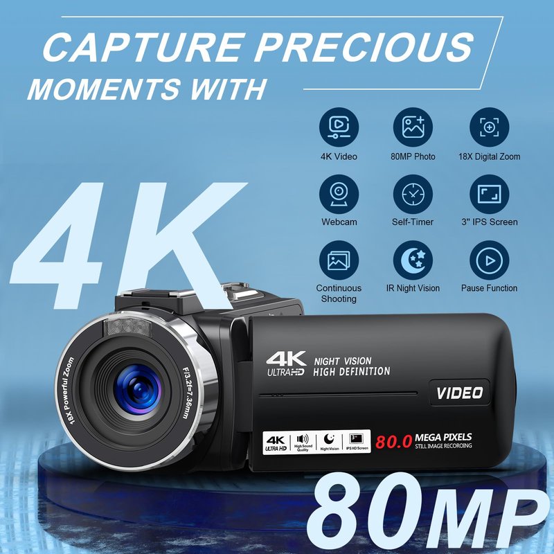 Peryoua 4K HD 80MP Camcorder Video Camera 18X Digital Zoom 3.0 IPS Screen Vlogging Camera for YouTube IR Night Vision Video Recorder with 32GB SD Card, 2 Batteries, Remote Control and Microphone