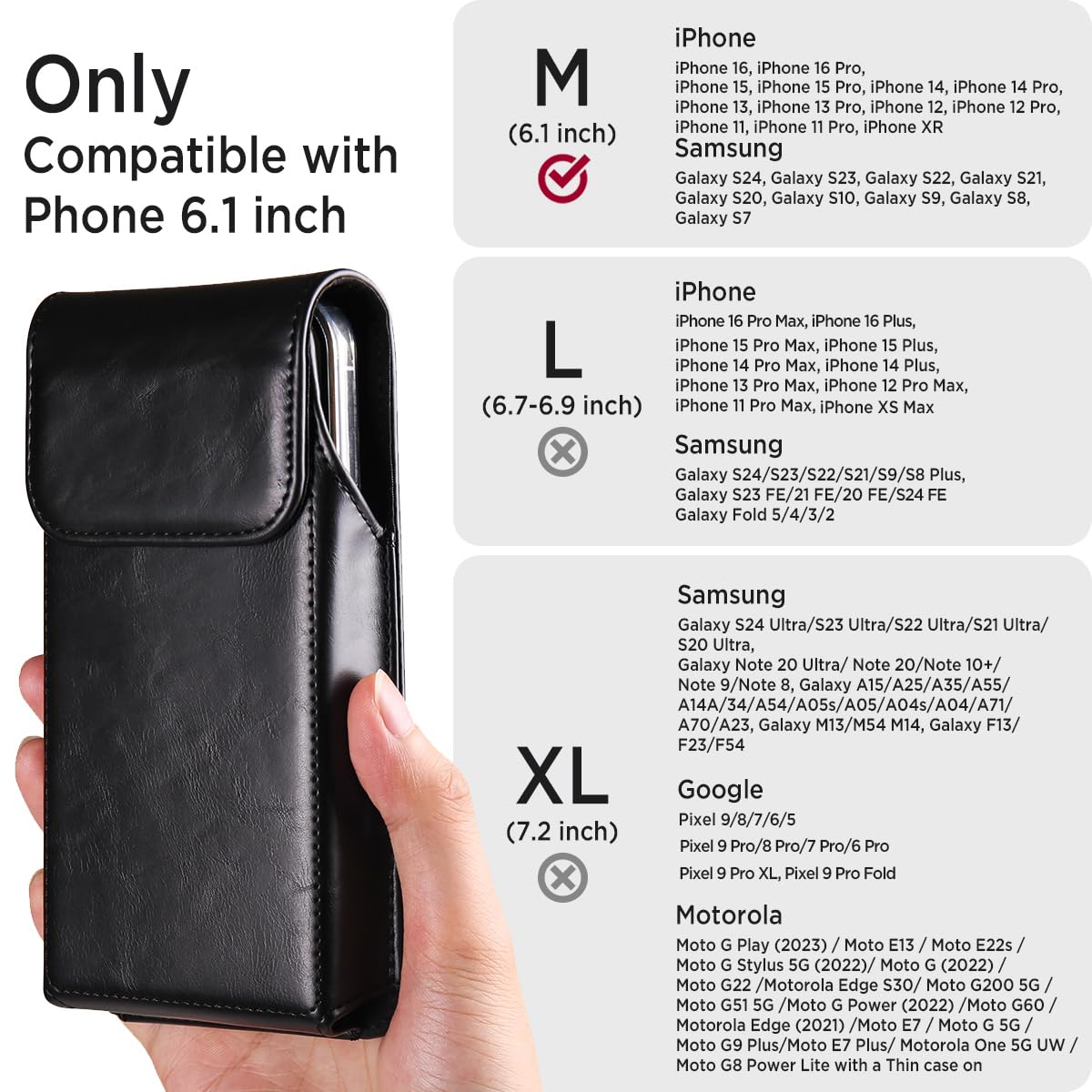 Miimall Cell Phone Holster for iPhone 17, 17 Pro 16, 16 Pro 15, 15 Pro 14, 14 Pro 13, 13 Pro 12, 12 Pro 11, 11Pro XR, Leather Cell Phone Belt Holder Pouch for Galaxy S26 S25 S24 S23 S22, Black-Medium
