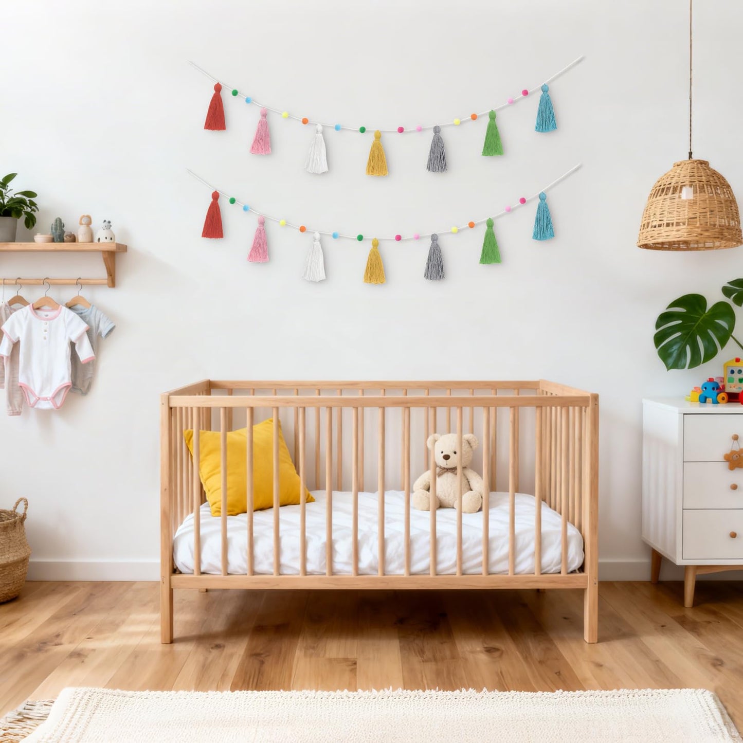 Mkono 2 Pack Tassel Garland Boho Pom Pom Felt Ball String Pastel Banner for Thanksgiving Christmas Birthday Party Decor, Rainbow Wall Hangings for Classroom, Nursery, Kids Girls Bedroom, Baby Shower