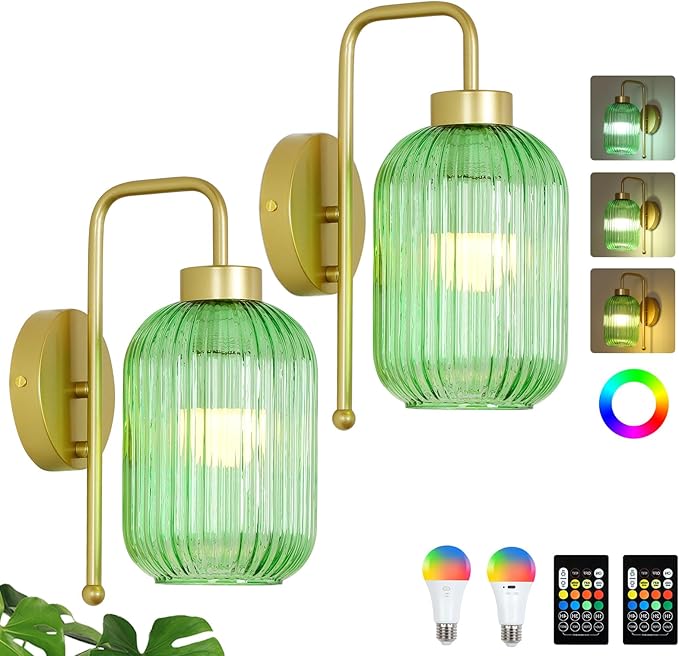 Vintage Battery Operated Wall Sconce with Green Glass Shade, Wireless Sconces Set of 2 with Remote and Dimmable Bulbs, Gold Rechargeable Cordless Wall Lights for Bedroom Living Room Bathroom