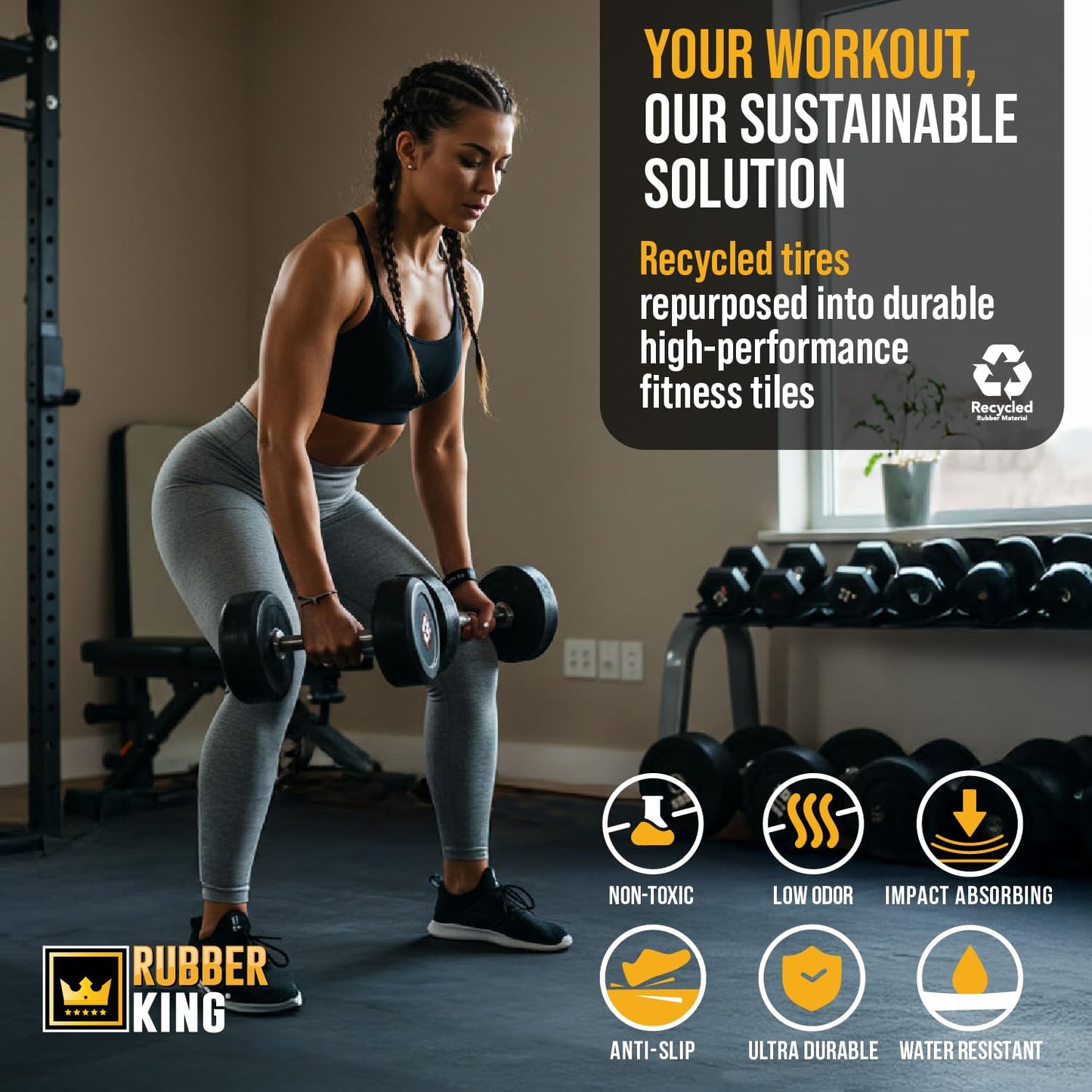 Rubber King 10 Piece Interlocking Tiles 19" x 19" x 6mm - 100% Recycled Rubber Gym Floor Tiles, Exercise Mat for Home Gym, Anti-Slip Low-Odor Interlocking Puzzle Floor Tiles - 23.5sq ft - Blue/Grey