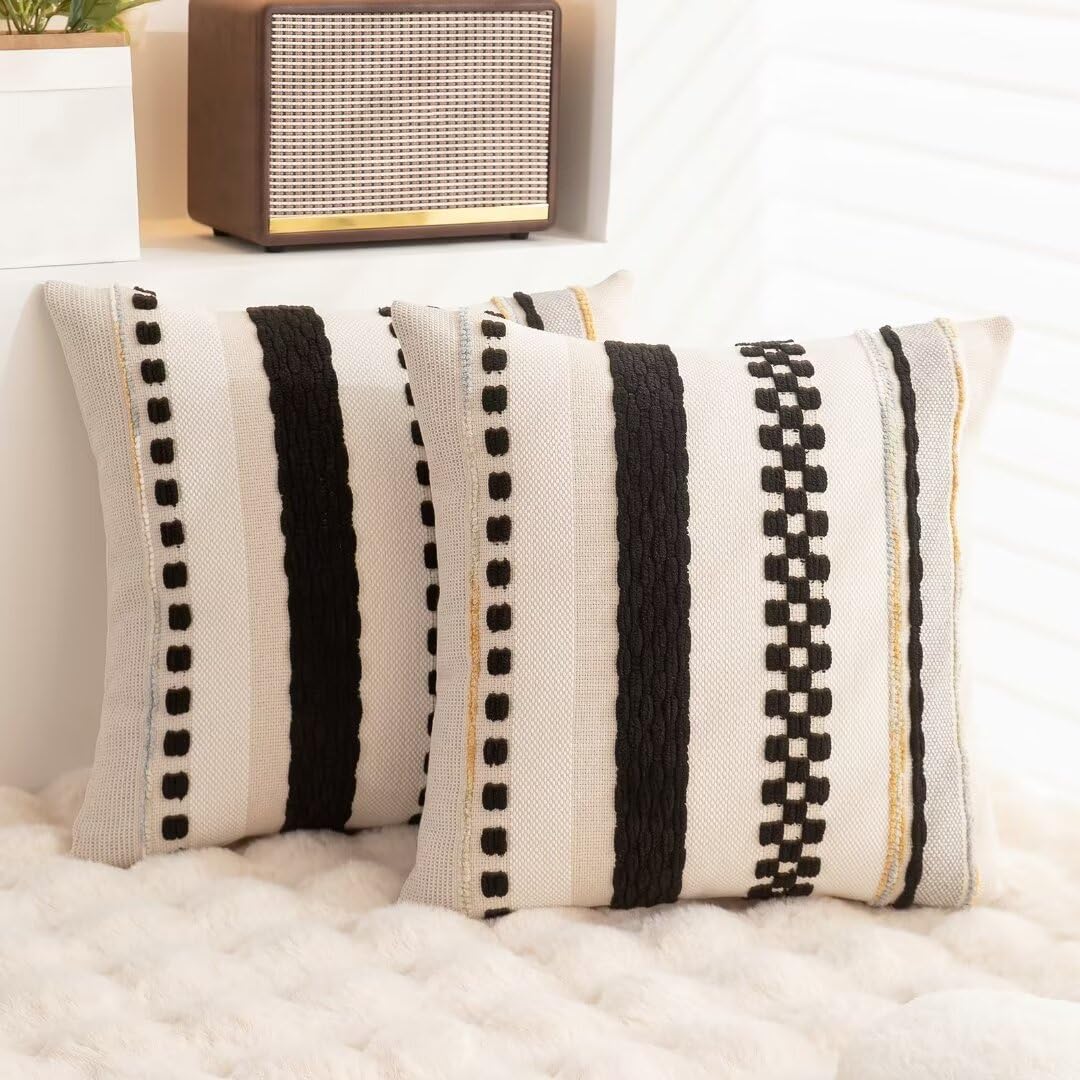 WANLIRD Boho Throw Pillow Covers 18x18 Set of 2 Farmhouse Decorative Cushion Case Striped Square Pillows Cover Chenille Pillow Cases Accent Neutral Pillowcase for Sofa Couch Bed,Black
