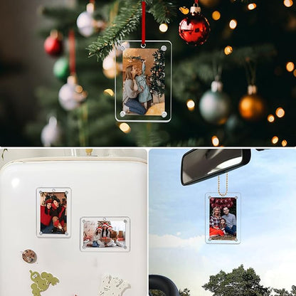 Christmas Photo Ornament Set of 4, 2x3 Inch Clear Acrylic Hanging Picture Frame for Family Photo, Christmas Tree, Holiday Decoration, Multifunctional Magnetic Picture Frames for Car and Fridge Decor