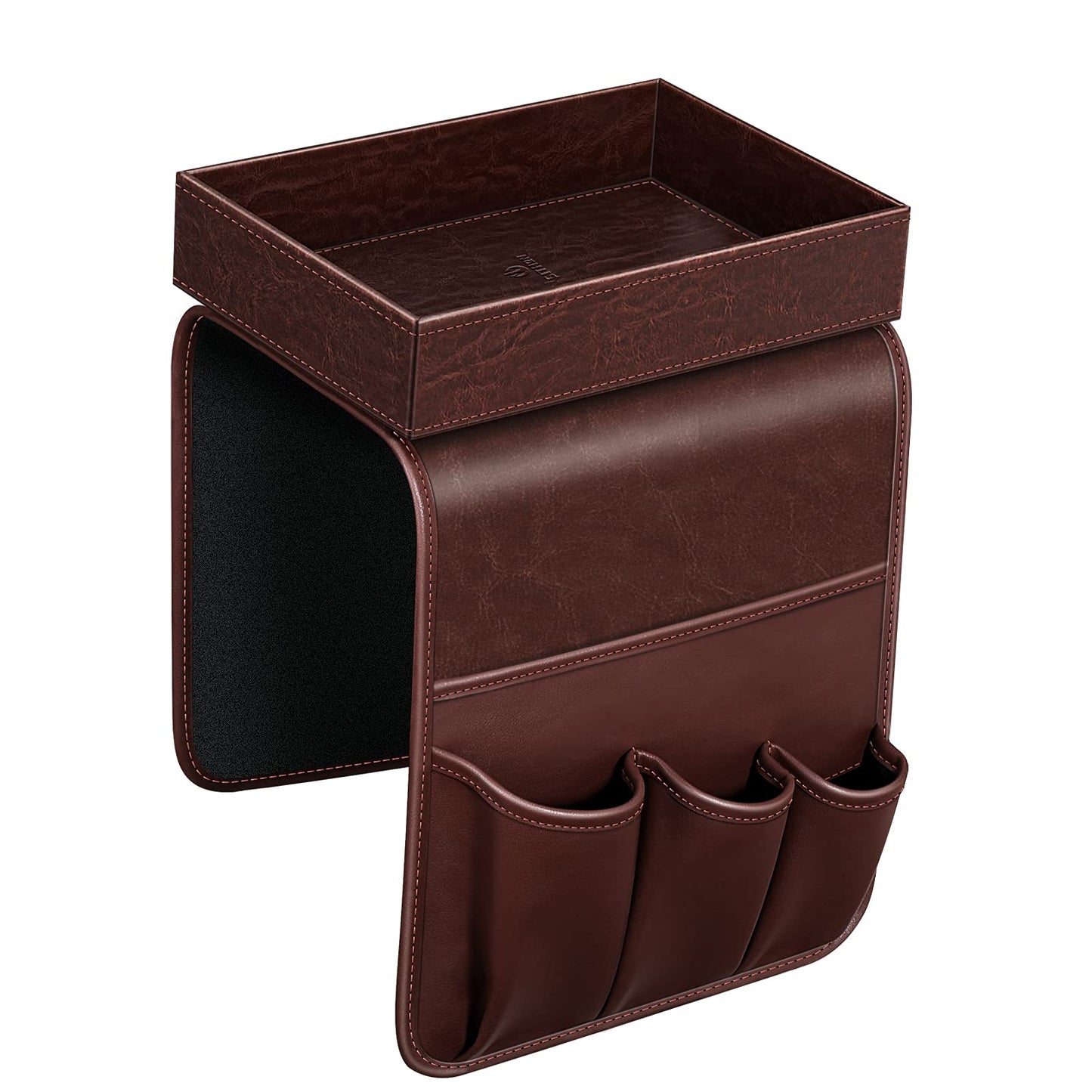 SITHON Sofa Remote Control Holder with Detachable Tray - [Non Slip] PU Leather Chair Couch Armrest Organizer Caddy with 5 Pockets for Magazines Phone iPad TV Remote Game Controller Eyeglasses (Brown)