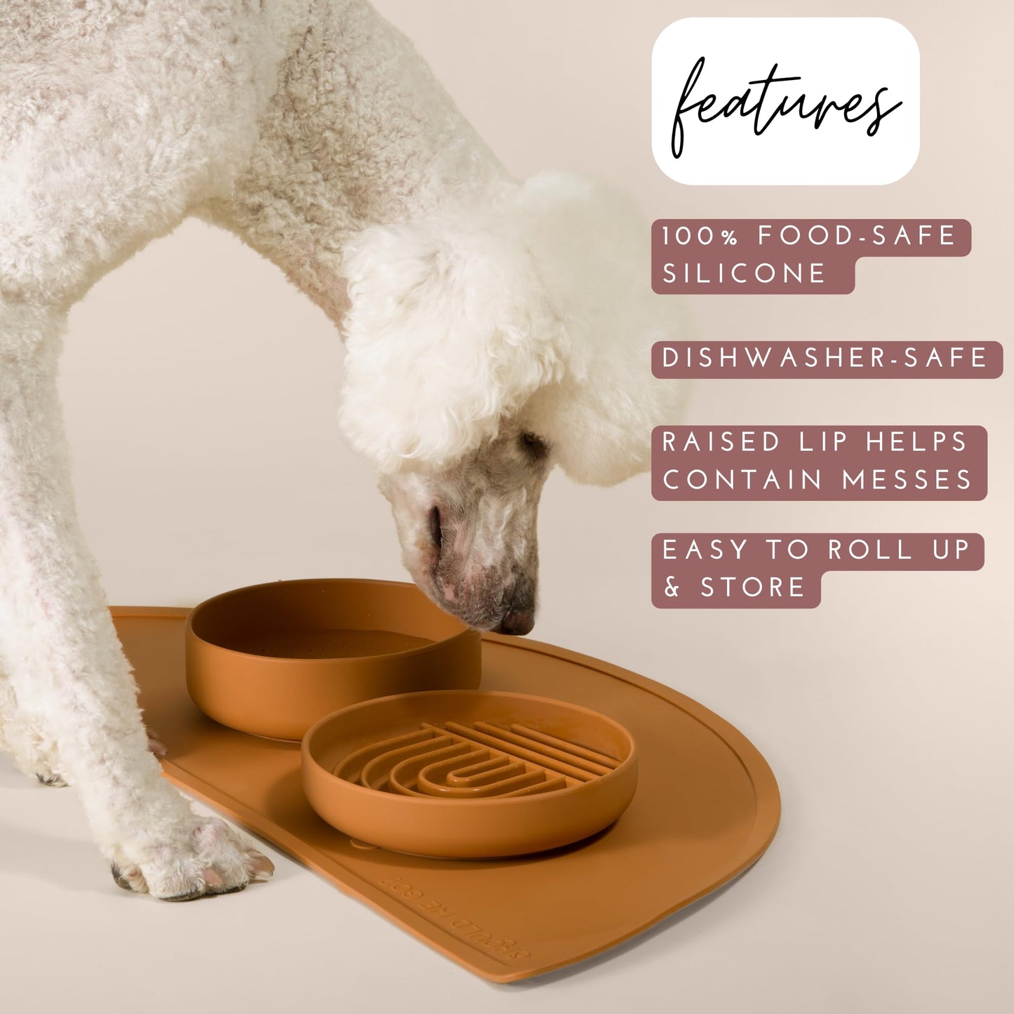 Should We Go? Waterproof Silicone Dog Food Mat – Large Size Non-Slip Pet Bowl Mat, Raised Edge Design, Easy-to-Clean Pet Food Placemat for Dog & Cat Bowls, 28" Across x 14" Deep - Blush