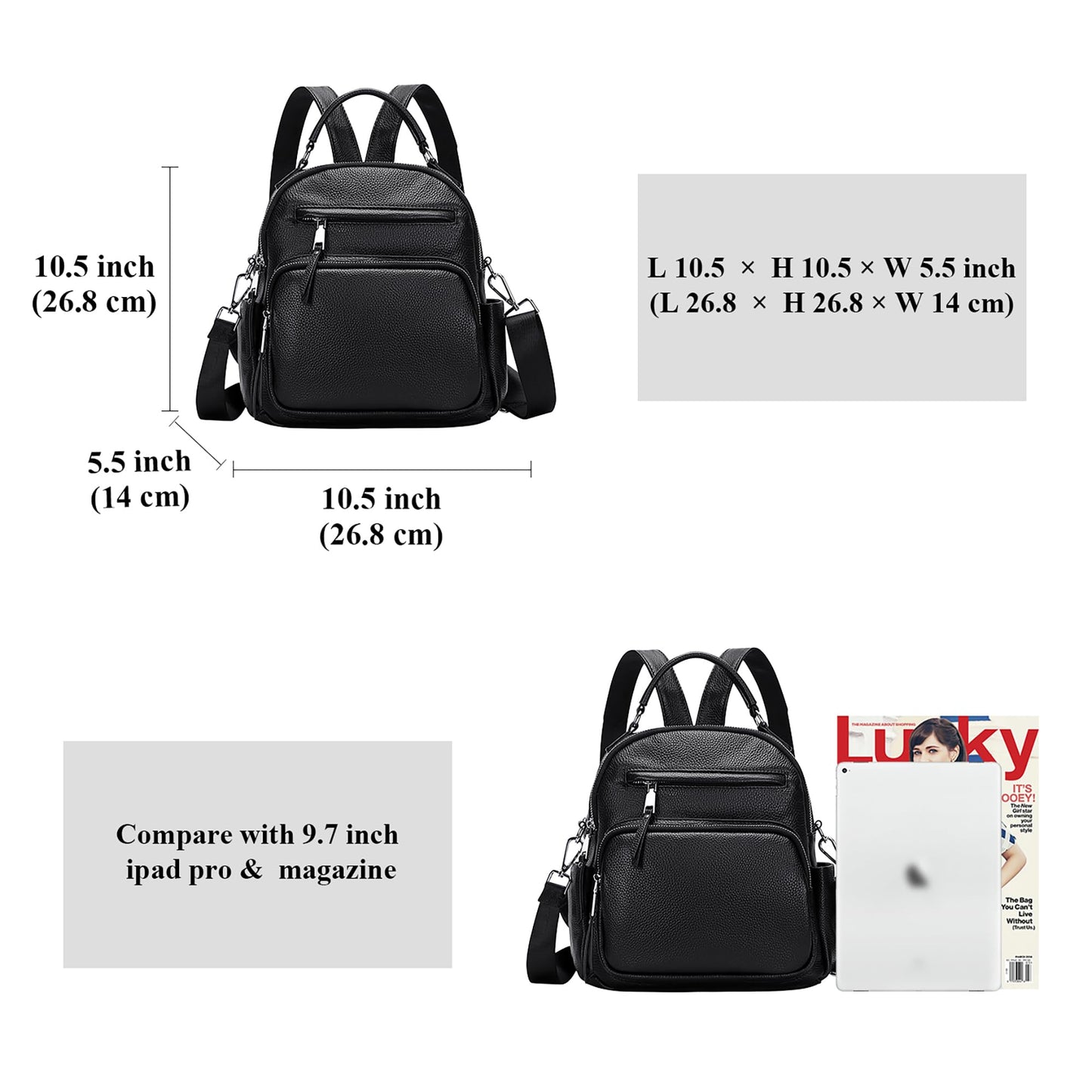 ALTOSY Genuine Leather Backpack for Women Small Convertible Backpack Purse Ladies Shoulder Bag 4 in 1 to Carry