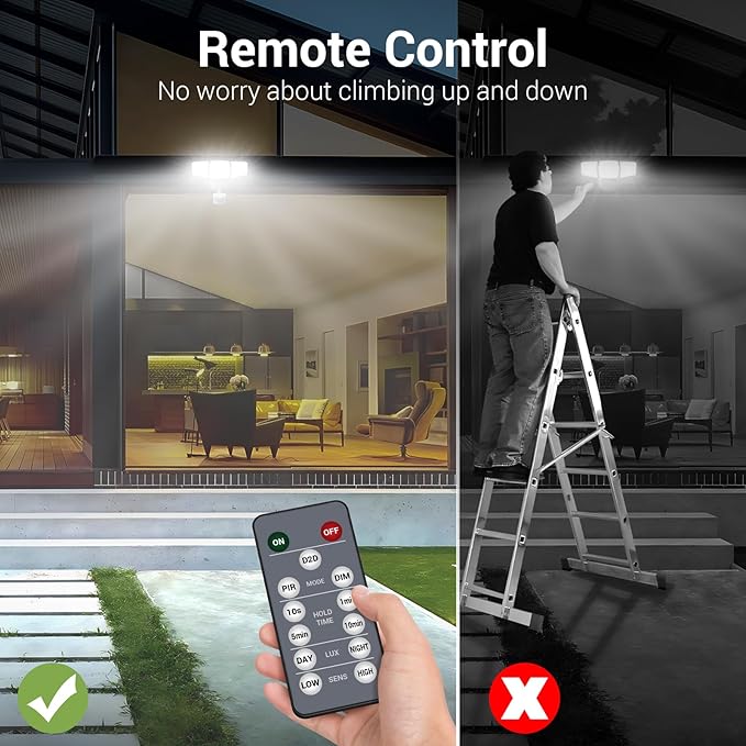 NOVOSTELLA Security Lights Motion Sensor, 1Pack LED Flood Lights Outdoor with Remote, Dusk to Dawn 45W 5000lm 5000K, 3 Heads Wired Wall Adjustable Floodlights, IP65 Waterproof for Garage Yard House