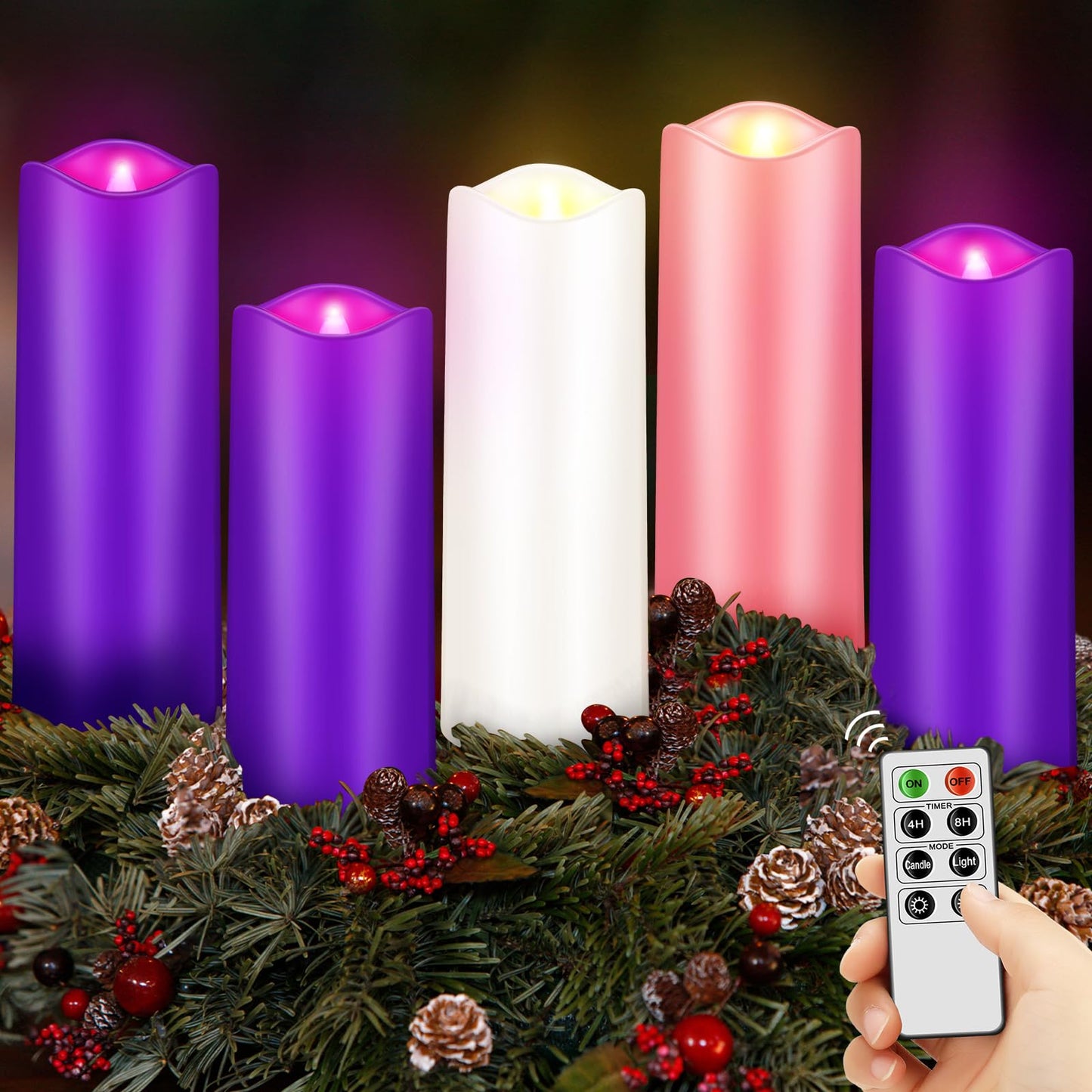 Mudder 5 Pcs Christmas Advent Pillar LED Flameless Candles - Purple, Pink, White Taper Candles for Wreath