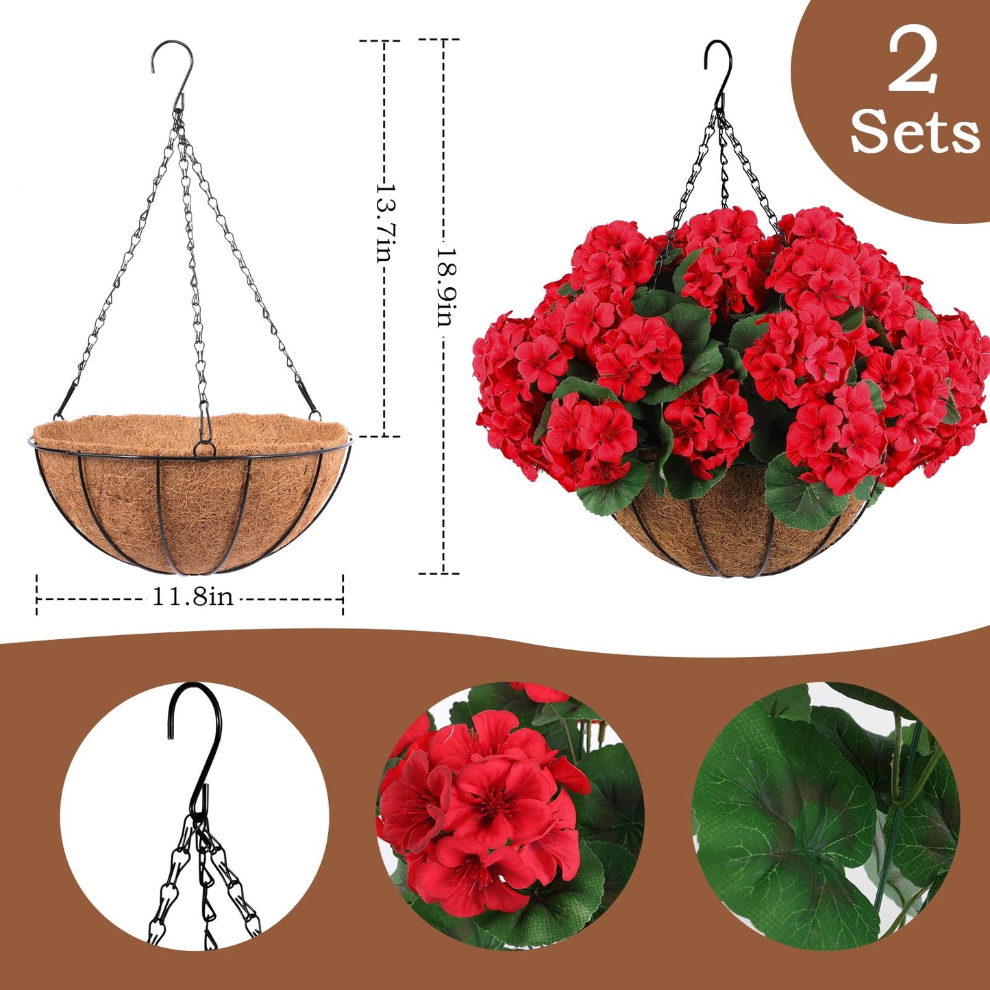 Hananona 2 Set Artificial Red Geraniums Flowers for Outdoors with Hanging Baskets, 2 Hanging Planters with 12 Pcs Red Geranium Flowers for Christmas Front Porch Garden Patio Home Decor (2, Red)