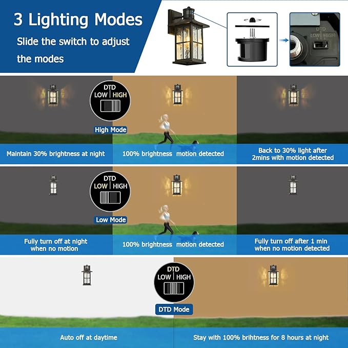 Motion Sensor Porch Light Dusk to Dawn Outdoor Wall Lantern Black Exterior Sconce Lighting Fixtures Modern Outside Wall Mount Coach Lamp for House Garage Patio Front Door