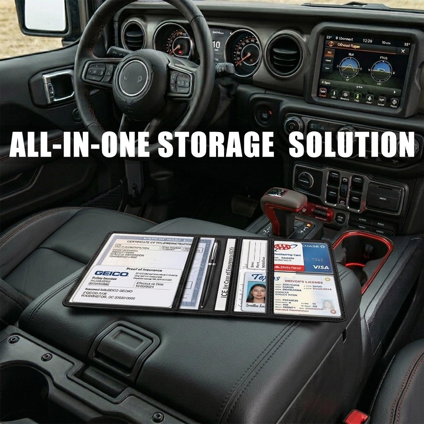 ATBUSTERA Car Registration and Insurance Card Holder for Wrangler JL JLU JK JKU 4XE, Premium Leather Glove Box Organizer, Vehicle Document Wallet for Wrangler Accessories 2007-2026