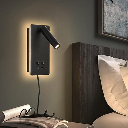 MOLUOLA LED Wall Lamp Wall Mounted Reading Lights, Adjustable Headboard Plug in Wall Sconce with USB C+A Ports, Headboard Bedside Lamp with 9W+3W Night Light 3000K (Black)