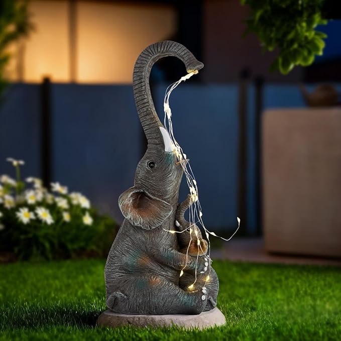 Elephant Statue with Solar Watering Lights, Outdoor Garden Decor for Patio, Yard, Lawn, Unique Gifts for Women, Mom – Resin Elephant Sculpture (Dark Grey Two Elephants)
