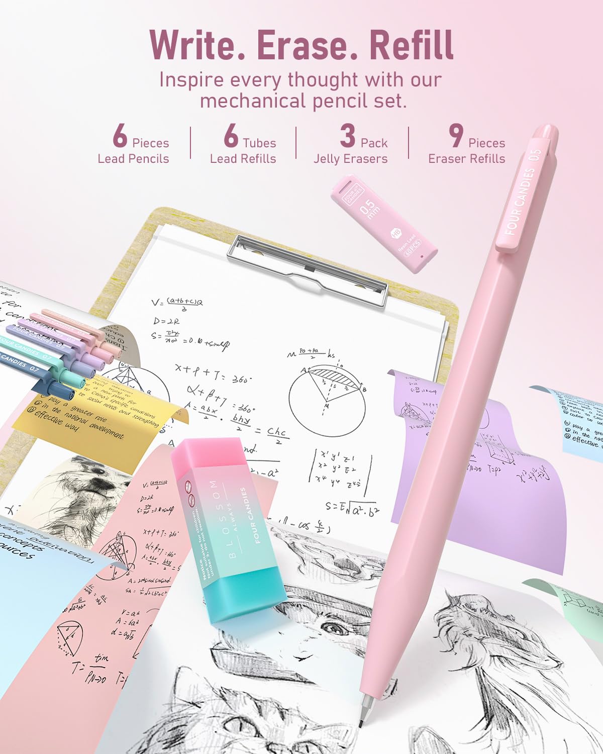 Four Candies 39 PCS Aesthetic School Supplies with Cute Pen Case, 12 Pastel Highlighters, 5 Black Ink Gel Pens, 6 Mechanical Pencils Set for Students Stationary College Essentials (Pink)