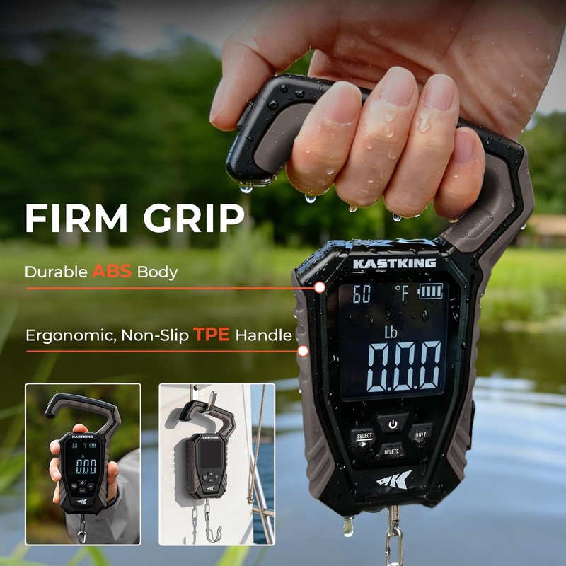 KastKing Weighmaster Mechanical-Digital Fishing Scale with Lip Gripper, 120 lb Capacity, 2.5" Backlit Display, High-Precision Sensor, 9 Weight Memory, Temperature Detection, IPX6 Waterproof