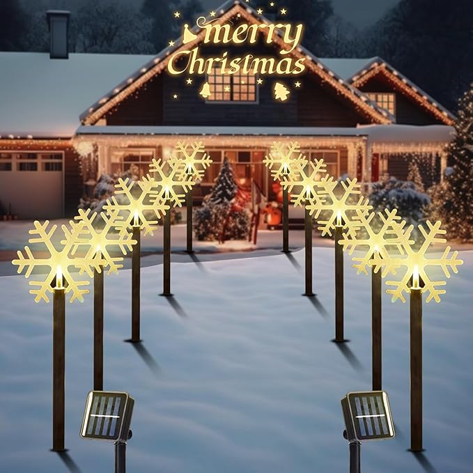 Christmas Solar Pathway Lights, Solar Snowflake Lights with Stake Landscape Outdoor Waterproof Christmas Decorations for Garden Yard Lawn Patio Walkway, 10 Pack