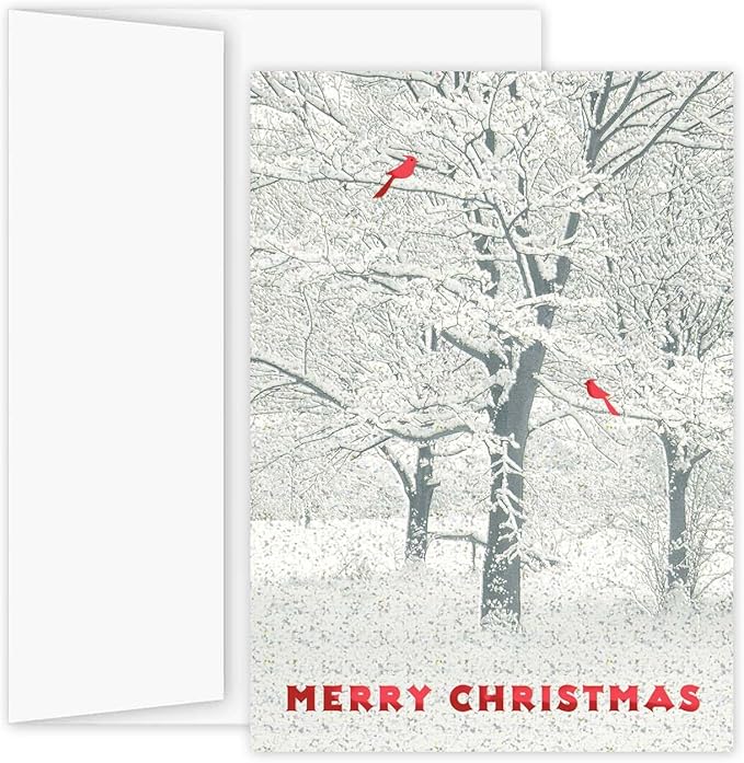 Masterpiece Snowy Trees And Cardinals Christmas Cards / 15 Winter Holiday Cards Set With Glitter And Red Foil With White Envelopes / 5 5/8" x 7 7/8" Sparkling Snow Greeting Cards With Inside Verse