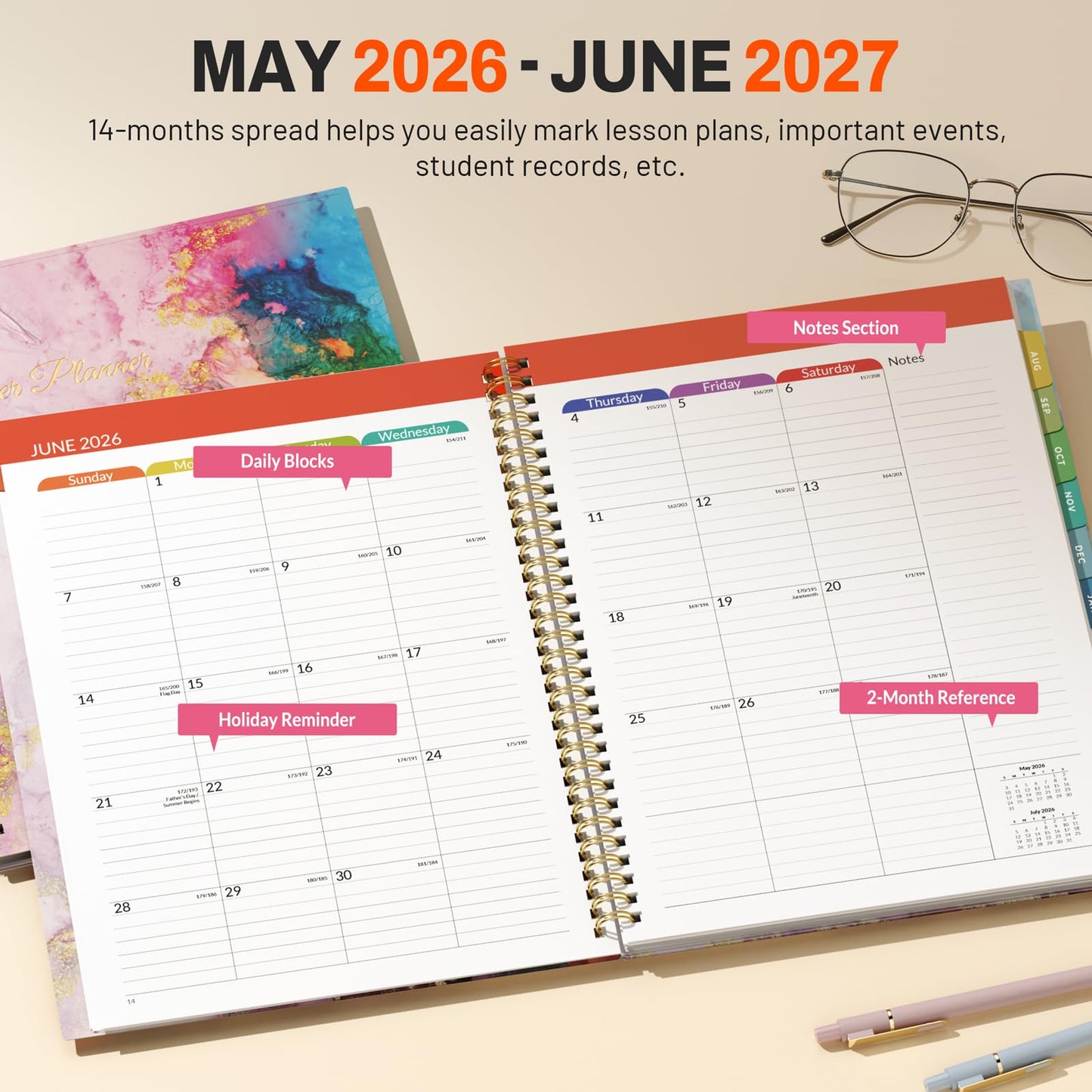 SUNEE Teacher Planner 2026-2027 Academic Year, 7 Periods Lesson Plan Book Jul 2026 - Jun 2027, 8.5"x11" Weekly Vertical Layout Monthly Organizers with Calendars, Bookmark, Waterproof Cover,Pink Marble