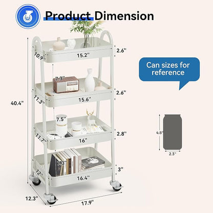 OLIXIS Metal 4 Tiers Utility Rolling Cart, Mobile Storage Shelf with Lockable Caster Wheels, Organization for Livingroom, Bathroom & Narrow Places, 4-Tier White