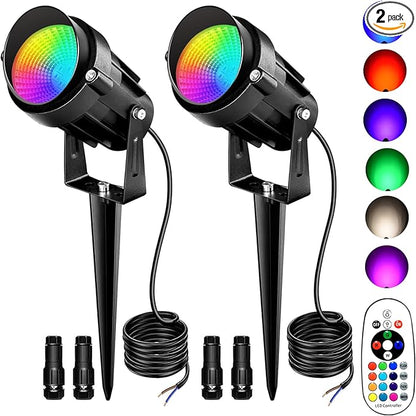 RGBW Low Voltage Landscape Lighting with Connectors,16 Color Changing Spot Lights Outdoor AC/DC12V-24V IP67 Waterproof Landscaping Lights for Garden Yard Tree Halloween Christmas Decor, 2 Pack
