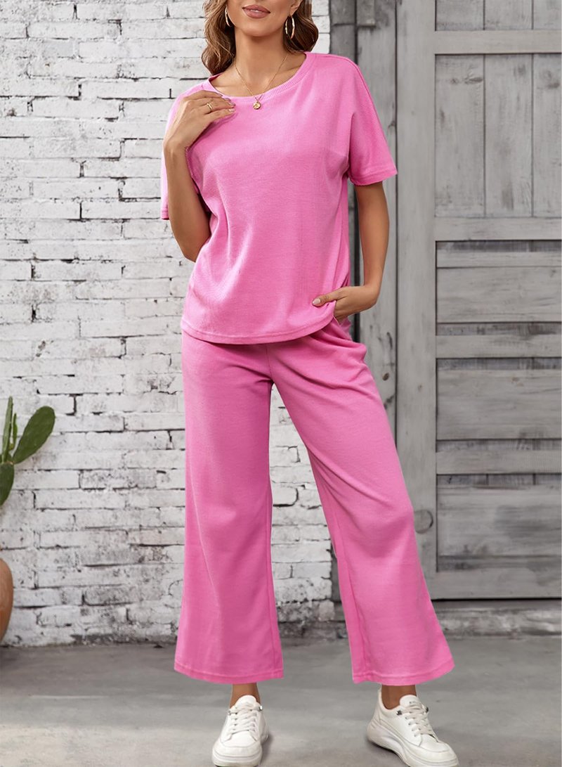 SHEWIN Women's Two 2 Piece Outfits Sweatsuit Lounge Sets for Women 2025 Short Sleeve T Shirts Casual Loose Pants Comfy Tracksuit Set Spring Clothes Pink M
