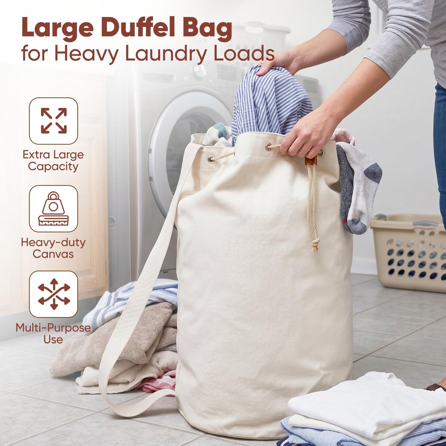 Handy Laundry Canvas Duffel Bag - Drawstring, Leather Closure, Shoulder Strap. (2-PACK)