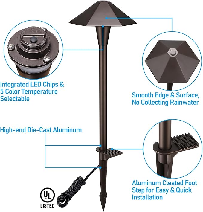 LEONLITE 5CCT Low Voltage Pathway Lights, LED Landscape Path Lights, 1800/2700/3000/4000/5000K, Hexagon Head, 12-24V AC/DC, IP65 Outdoor Walkway Light, Oil Rubbed Bronze Aluminum, Pack of 6
