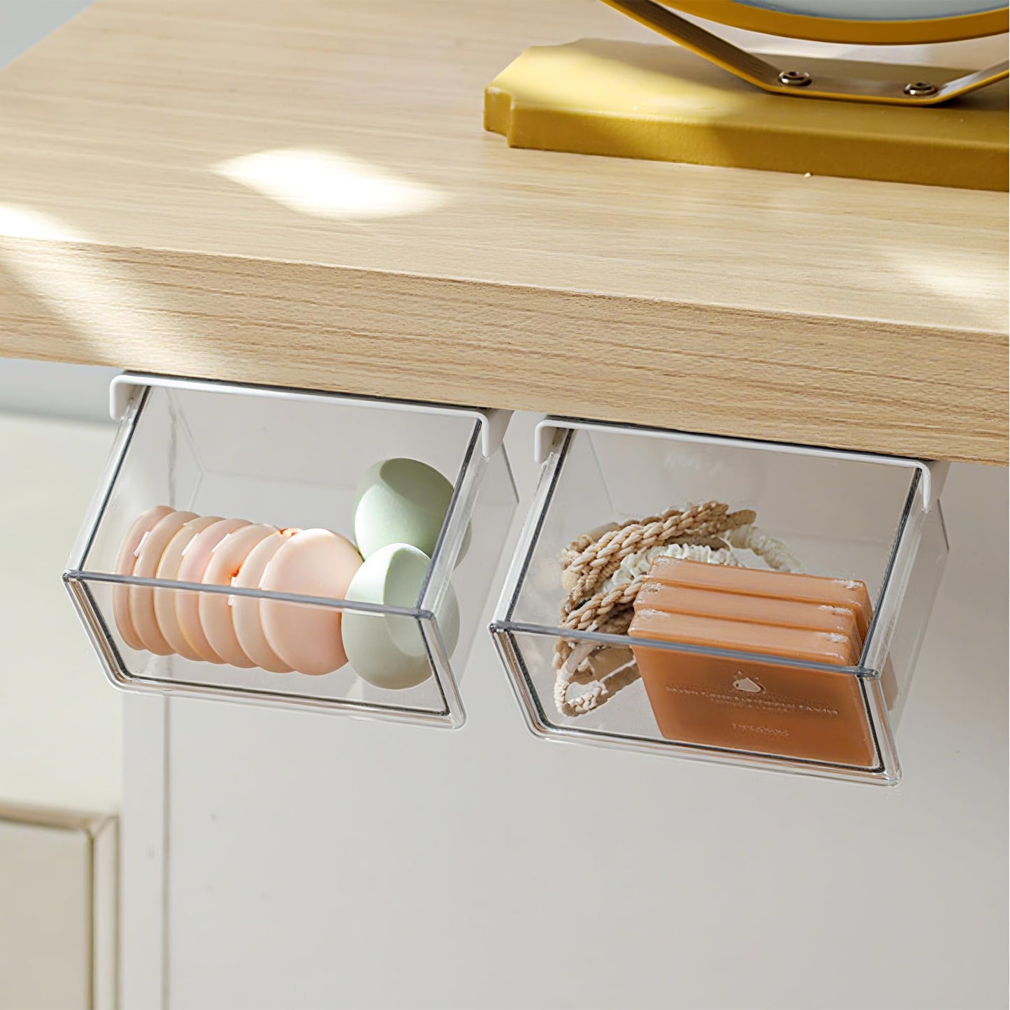 LUWOO 2 Pack Self-Adhesive Under Desk Drawers, Slide Out Storage Organizer for Under Table and Mirror Cabinet, Clear Dispenser Box for Holds Cotton Swabs, Floss Picks, Hair Clip, Rubber Band