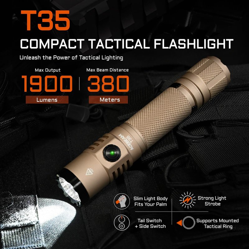 ACEBEAM T35 Tactical EDC Flashlight Gifts for Men, 1900 High Lumens Flashlight Rechargeable, Dual Switches Tactical Flashlight, Super Bright Pocket LED Flashlight for Emergency, Camping