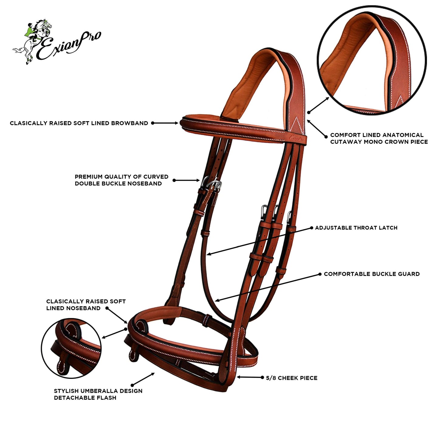 ExionPro English Hunter Jumping Bridle for Horses with Removable Flash Soft Yet Strong Rubber Reins | Royal Hunter Bridle | English Bridle for Horses (Oak Brown, Pony)