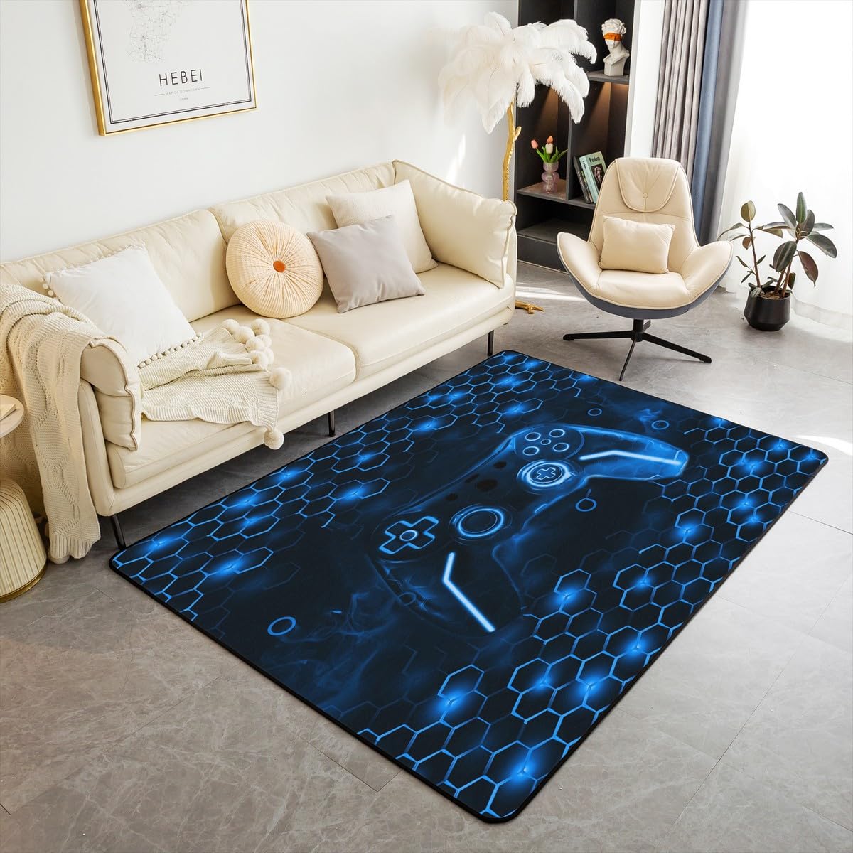 Feelyou Boys Gamer Rugs for Living Room Bedroom 3x5 Kids Gaming Honeycomb Area Rug Game Controller Decorative Carpet Set Hexagon Gaming Gifts Blue Indoor Floor Mat