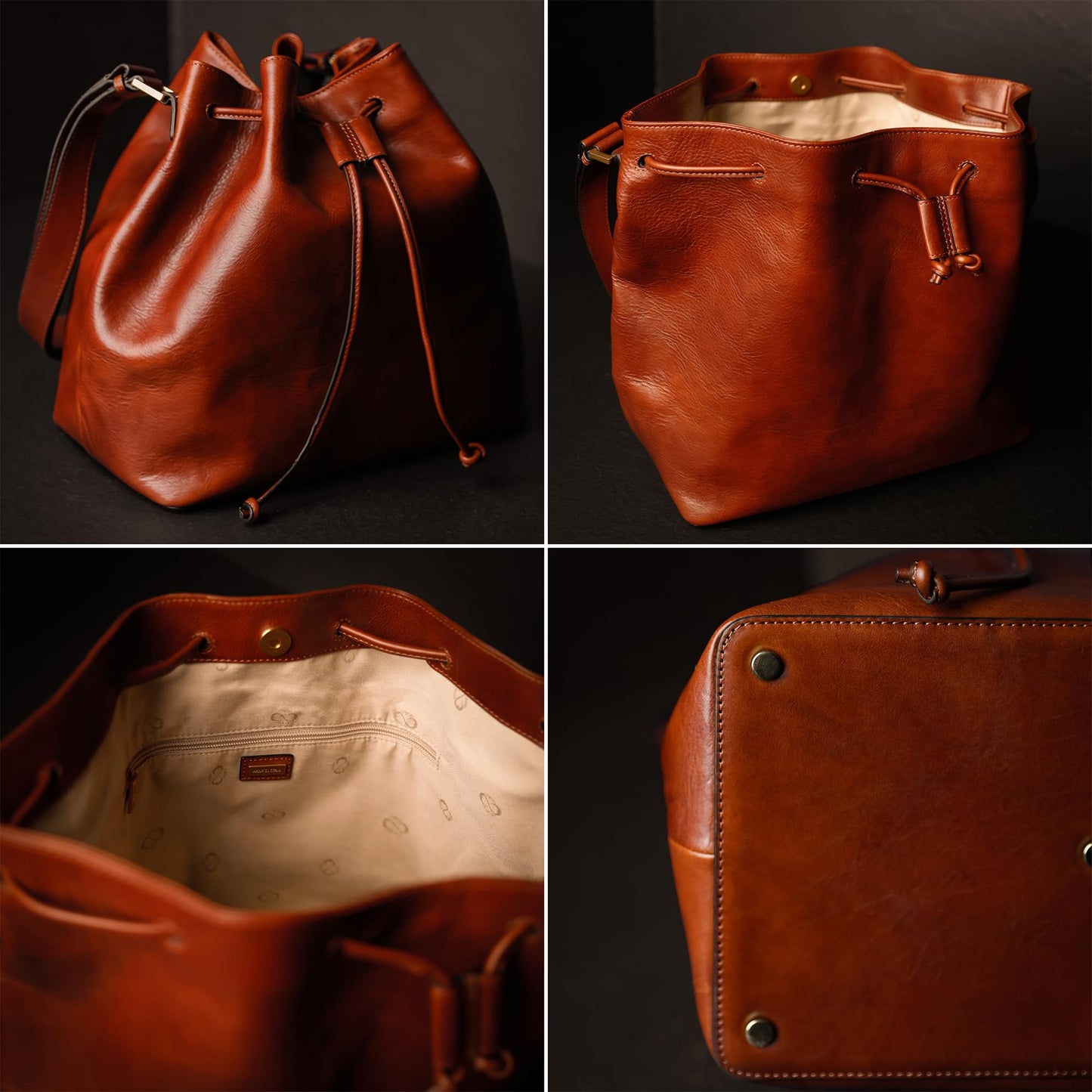 Time Resistance Leather Bucket Bag - Full-Grain Leather Handbag for Women - Italian Purse Shoulder Bag (Cognac Brown)