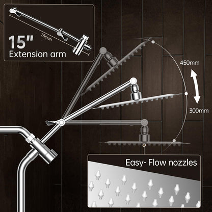 Veken All Metal 10" Shower Head with Handheld, Luxurious Square Double Rain Shower Heads with Spray Combo, Dual High Pressure Detachable Rainfall Showerhead with Extension Arm, Long Hose,Chrome,Sliver