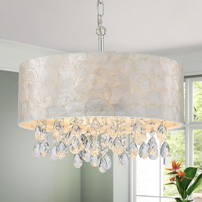 4-Lights Drum Capiz Shell Crystal Chandeliers, Coastal Style Pendant Light Fixture for Dining Room, Living Room, D18 x 21~68"(Adjustable), Shell Lampshade & Chrome Finish