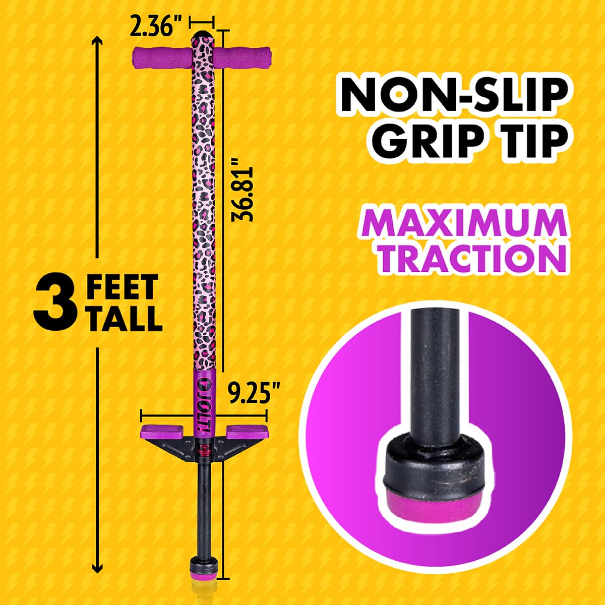Flybar Jolt Pogo Stick for Kids, Perfect for Beginners w/ Foam-Covered Metal Frame, Handles & Padding, Non-Slip Foot Pads, Wide Tip, Outdoor Active Play Toy for Boys & Girls, Ages 6+, Leopard