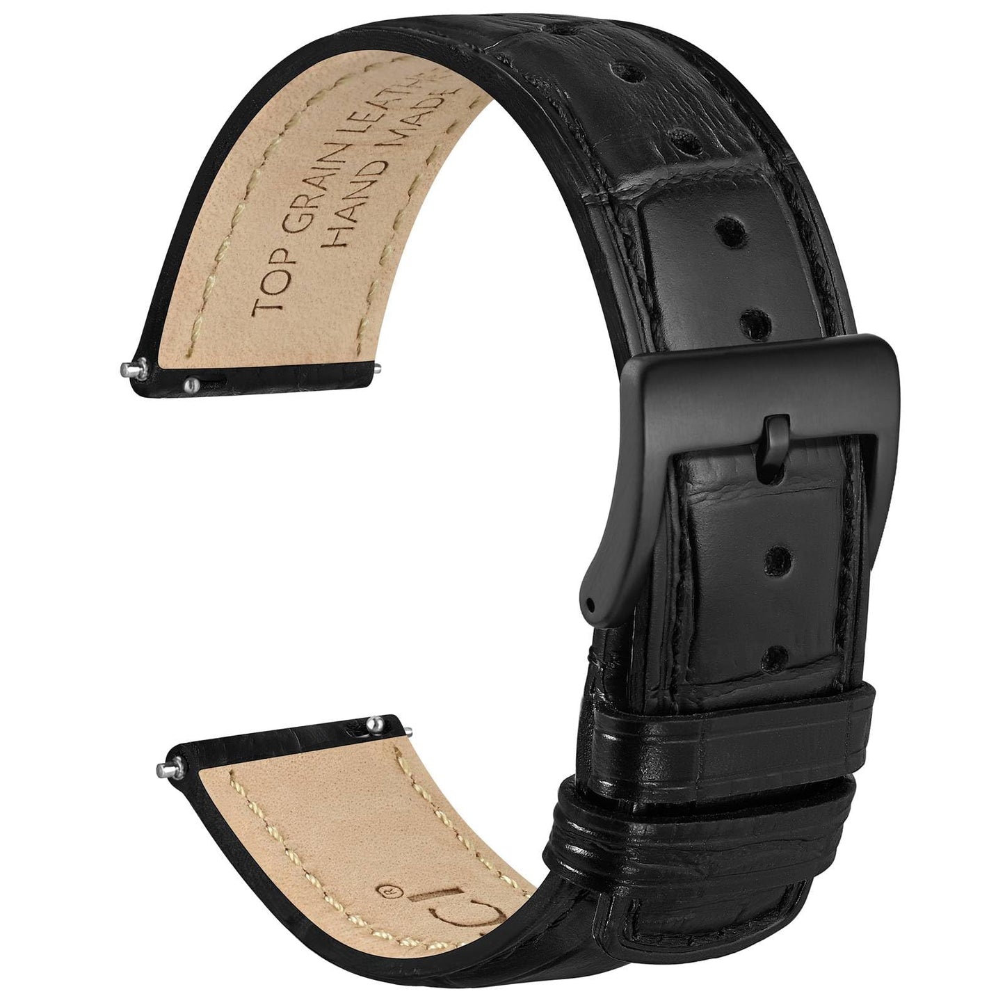 WOCCI 18mm Watch Band, Top Grain Leather, Embossed Alligator Grain, Quick Release, Black Buckle (Black)