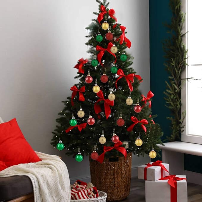 30ct Christmas Ball Ornaments, 2.36" Shatterproof Christmas Tree Decorations, Perfect Hanging Ball for Indoor/Outdoor Holiday Wedding Party Decor (Gold-Red-Green)