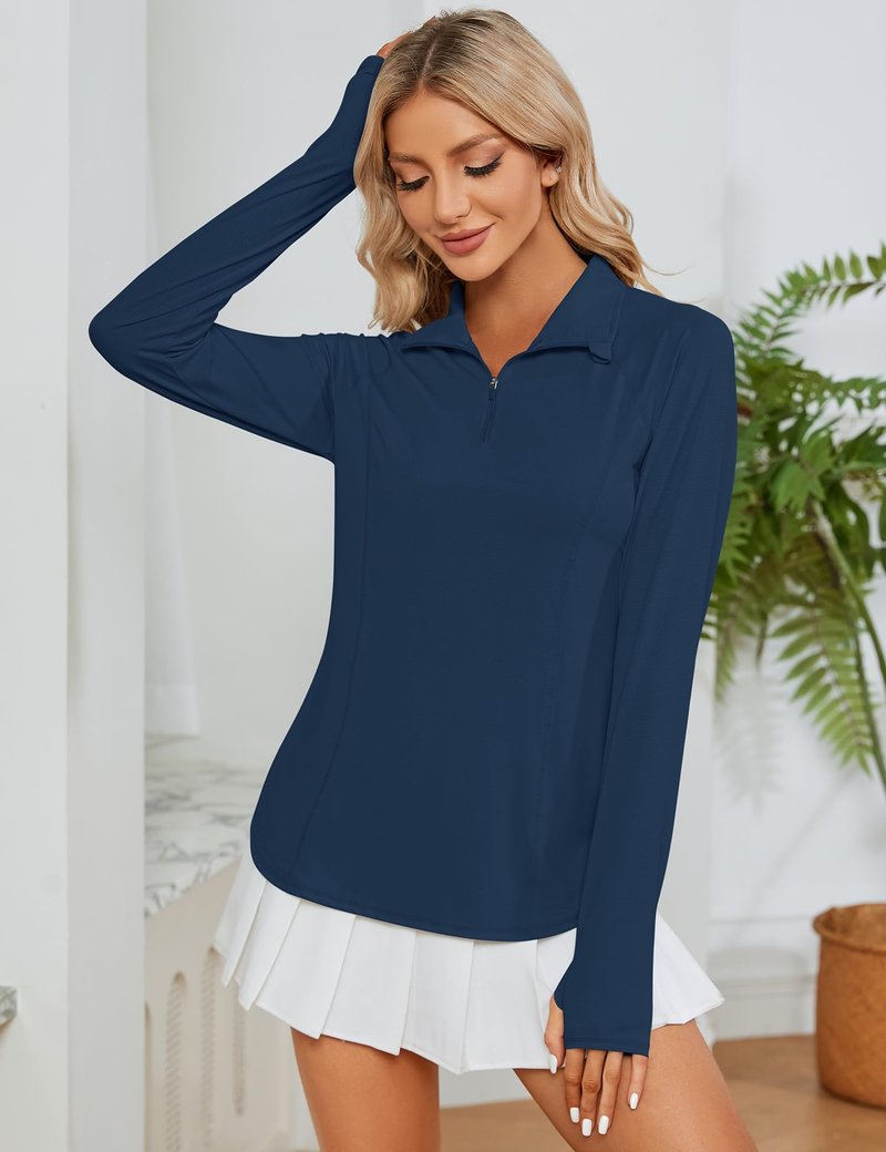 LOMON Women Long Sleeve Shirts Sun Protection 1/4 Zip Summer Quick Dry Hiking Shirts Hiking Shirts Women Quick Dry（Navy Blue,M）