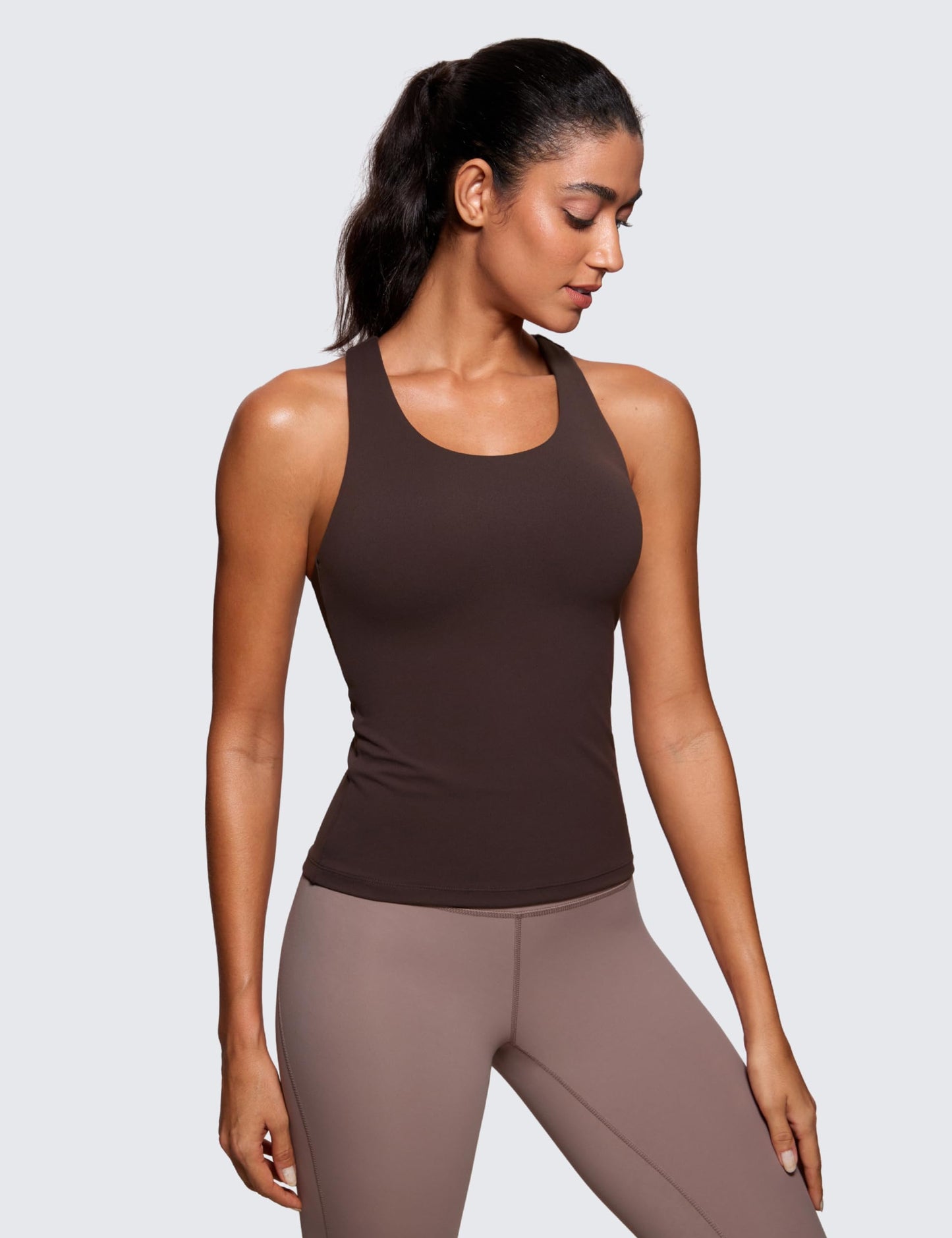 CRZ YOGA Butterluxe Workout Racerback Tank Tops for Women - Padded Athletic Spandex Yoga Shirts with Built in Bra Hot Fudge Brown Medium